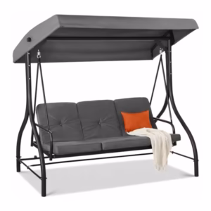 Balansoar Gradina, TOP SCAUNE®, 194x120x173 Cm, Leagan Gradina 3 Locuri Tip Pat, Copertina Reglabila Protectie Soare, Cadru Otel Vopsit, Suspensie Pe Arcuri Rezistente, Baza Stabilitate Ridicata 340 Kg, Leagan Gradina Confortabil Pentru Relaxare, Gri